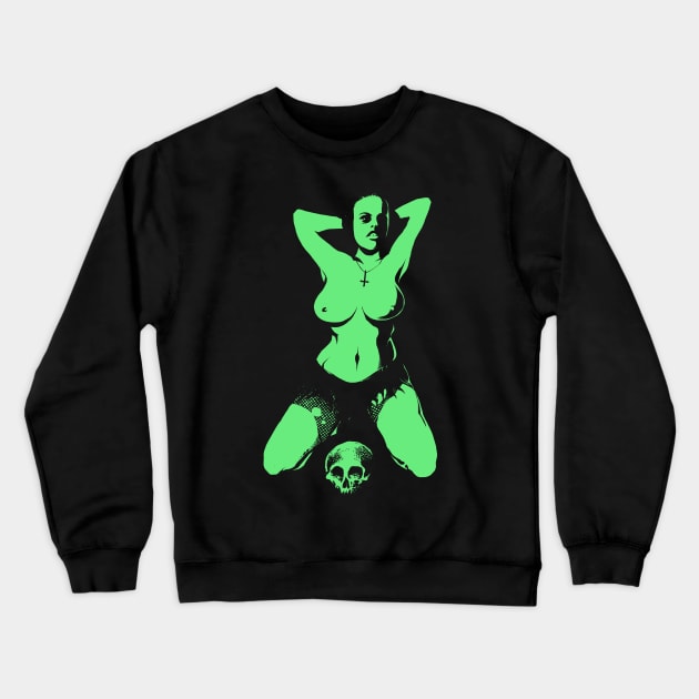 Sexy lady and skull (green version) Crewneck Sweatshirt by wildsidecomix